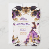Paarse gouden quinceañera jurk kaart (Voorkant)