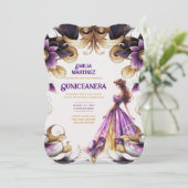 Paarse gouden quinceañera jurk kaart (Staand voorkant)