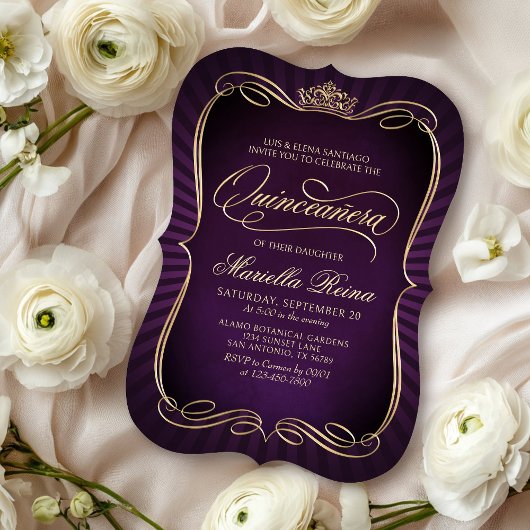 Paarse gouden Quinceañera Kaart