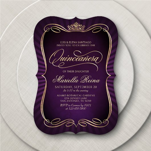 Paarse gouden Quinceañera Kaart