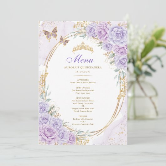Paarse gouden Quinceanera Mis Quince 15 Anos Menu (Staand voorkant)