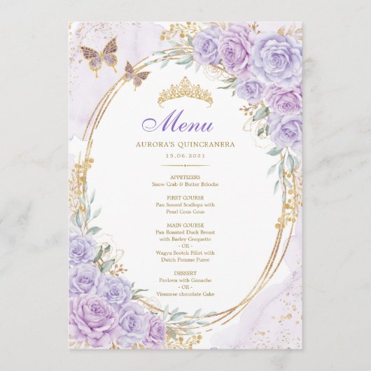 Paarse gouden Quinceanera Mis Quince 15 Anos Menu (Voorkant)