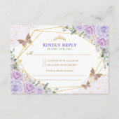 Paarse Gouden Quinceanera Mis Quince 15 Anos RSVP Informatiekaartje (Voorkant)