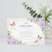 Paarse Gouden Quinceanera Mis Quince 15 Anos RSVP Informatiekaartje (Staand voorkant)