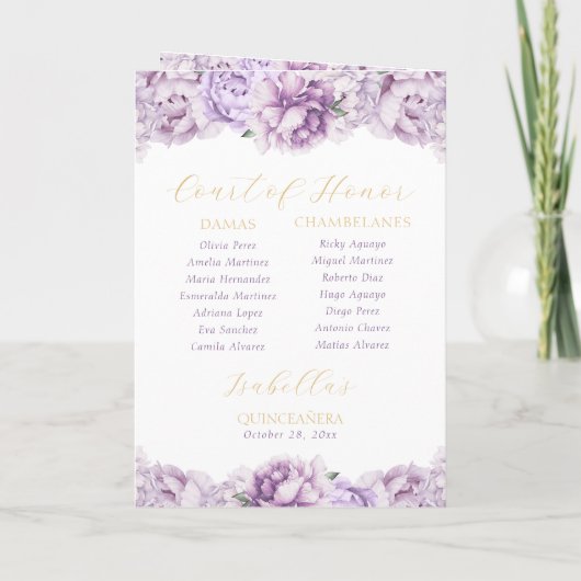 Paarse gouden Quinceanera Princess Padrinos Event Programma (Achterkant)