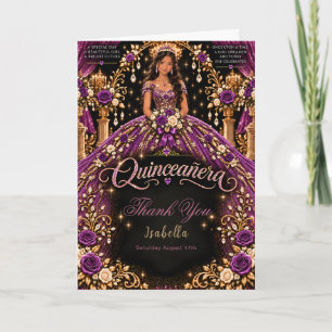 Paarse Gouden Quinceañera Viering Bedankkaart
