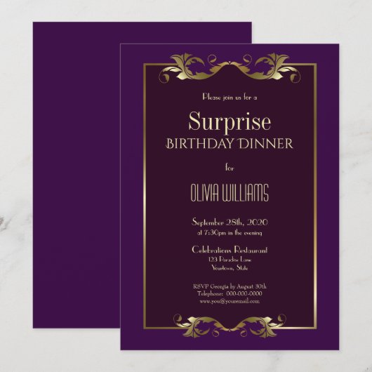 Paarse gouden rand geboortedag kaart (Voorkant / Achterkant)
