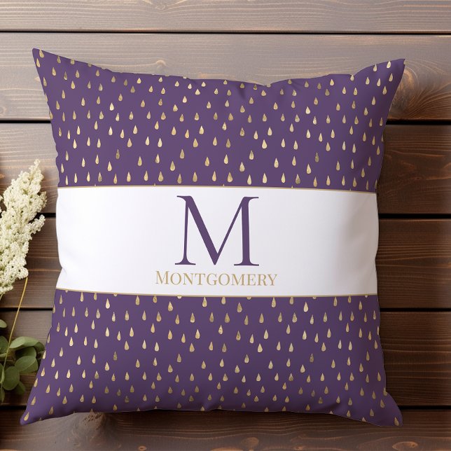 Paarse Gouden Regendruppel Moderne Trendy Monogram Kussen (Creator heeft geüpload)