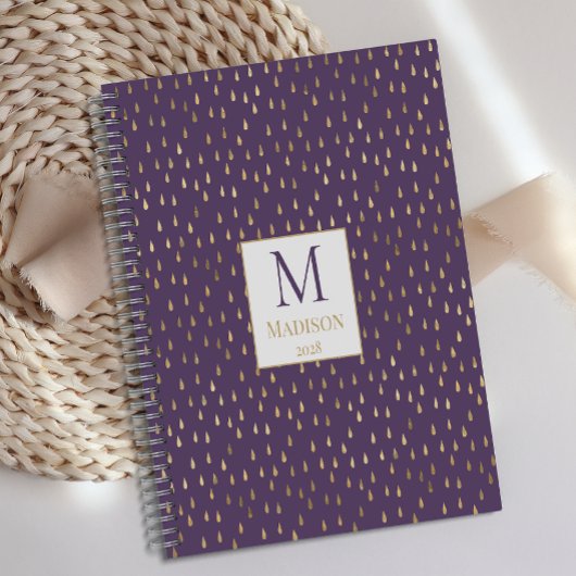 Paarse Gouden Regendruppel Moderne Trendy Monogram Planner
