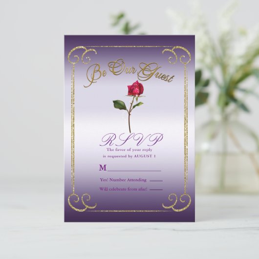 Paarse & Gouden Rood Rose Beauty Wedding RSVP Reag Kaart (Staand voorkant)