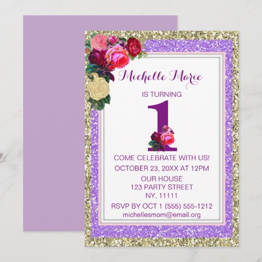 Paarse Gouden Roos Faux Glitter Eerste Verjaardag Kaart (Voorkant / Achterkant)