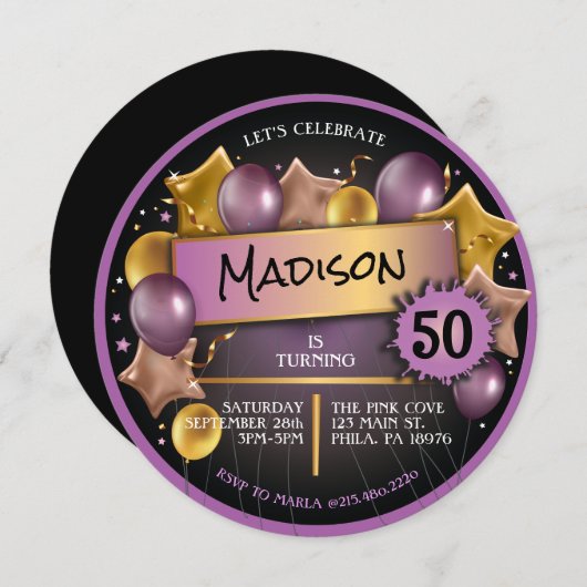 Paarse GOUDEN ROZE Ballonnen 50ste 60ste Verjaarda Kaart (Voorkant / Achterkant)