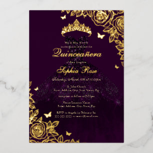 Paarse Gouden Roze Jurk Quinceanera Folie Uitnodiging