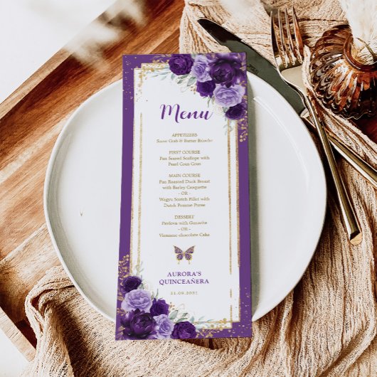 Paarse Gouden Rozen Quinceanera Verjaardag Menu Ka Kaart