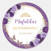 Paarse Gouden Rozen Quinceanera Verjaardagsgunsten Ronde Sticker (Voorkant)