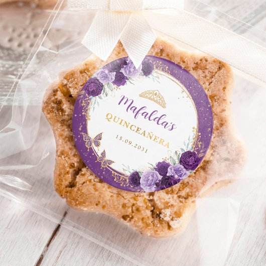 Paarse Gouden Rozen Quinceanera Verjaardagsgunsten Ronde Sticker