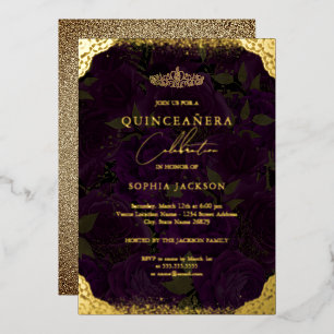 Paarse Gouden Rozen Tiara Quinceanera Folie Uitnodiging
