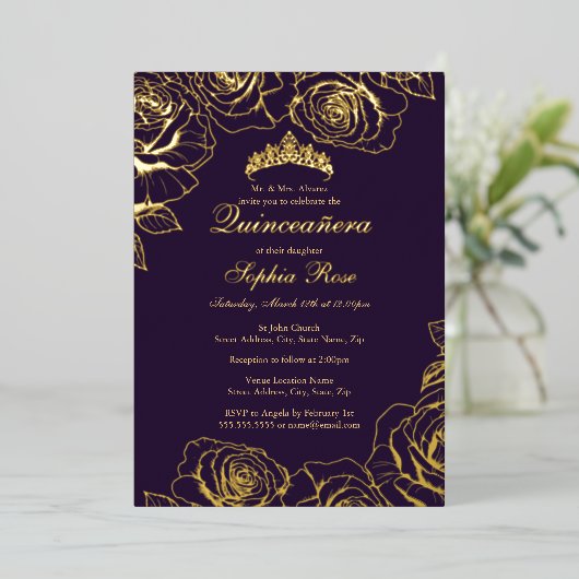 Paarse Gouden Rozen Tuin Quinceanera Folie Uitnodiging (Staand Voorkant)