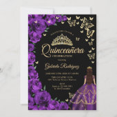 Paarse gouden Rozen Vlinders Quinceanera Kaart (Voorkant)