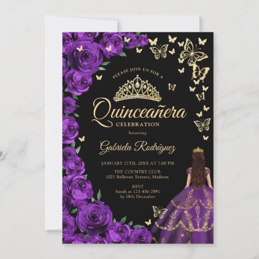 Paarse gouden Rozen Vlinders Quinceanera Kaart (Voorkant)