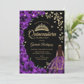 Paarse gouden Rozen Vlinders Quinceanera Kaart (Staand voorkant)