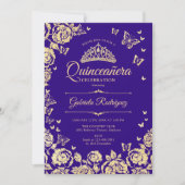 Paarse gouden Rozen Vlinders Quinceanera Kaart (Voorkant)