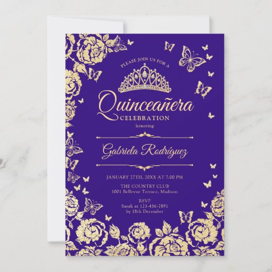 Paarse gouden Rozen Vlinders Quinceanera Kaart (Voorkant)