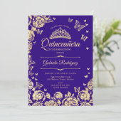 Paarse gouden Rozen Vlinders Quinceanera Kaart (Staand voorkant)