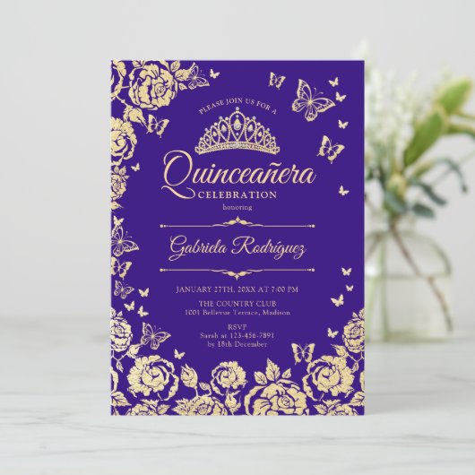 Paarse gouden Rozen Vlinders Quinceanera Kaart (Staand voorkant)