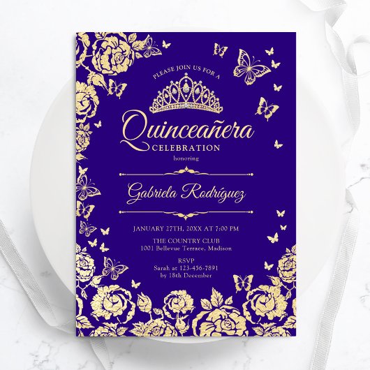 Paarse gouden Rozen Vlinders Quinceanera Kaart