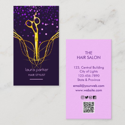 Paarse Gouden Schaar Haar Stylist Professioneel Visitekaartje (Voorkant / Achterkant)
