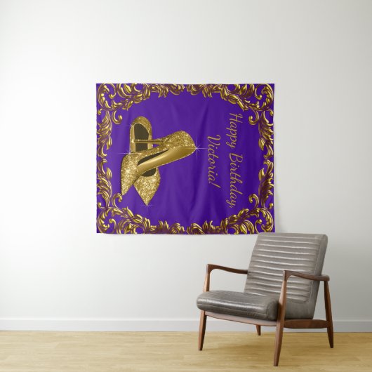 Paarse Gouden Schoen Verjaardagsfeest M Achtergron Wandkleed (In Situ (horizontaal))
