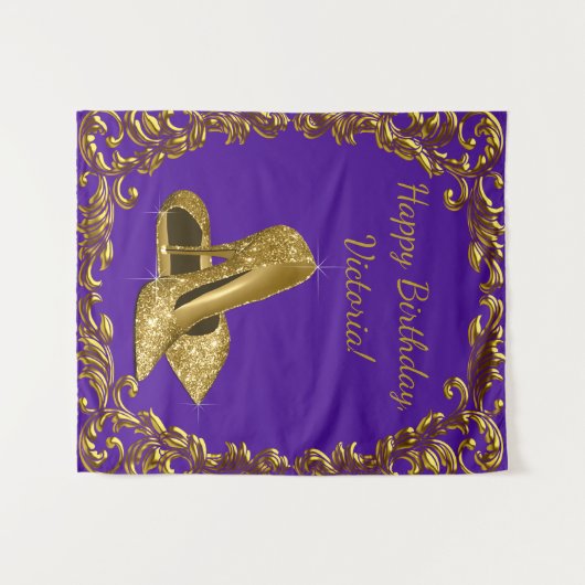 Paarse Gouden Schoen Verjaardagsfeest M Achtergron Wandkleed (Voorkant (horizontaal))
