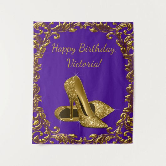 Paarse Gouden Schoen Verjaardagsfeest M Achtergron Wandkleed (Voorkant)