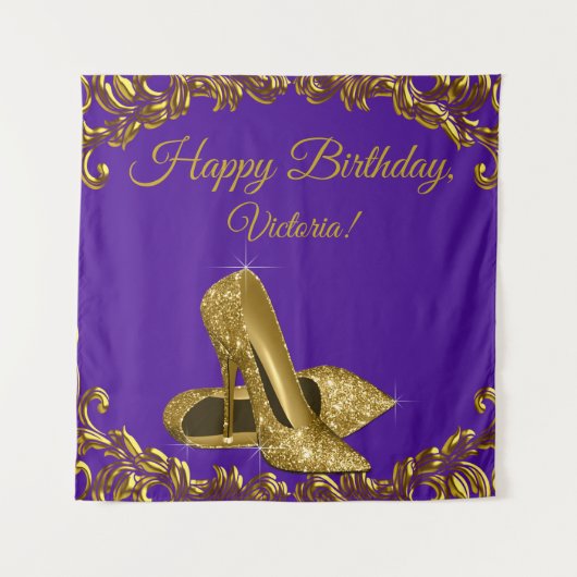 Paarse Gouden Schoen Verjaardagsfeest SQ Achtergro Wandkleed (Voorkant)
