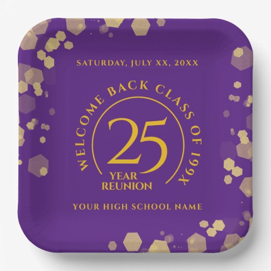 Paarse & Gouden School College Class Reunion Papieren Bordje (Voorkant)