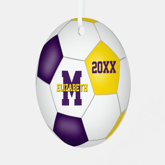 paarse gouden schoolclubkleuren keepsake voetbal metalen ornament (Voorkant links)