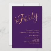 Paarse gouden script 40ste verjaardag kaart (Voorkant)