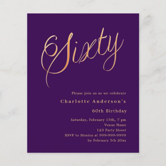 Paarse gouden script 60ste verjaardag uitnodiging (Voorkant)