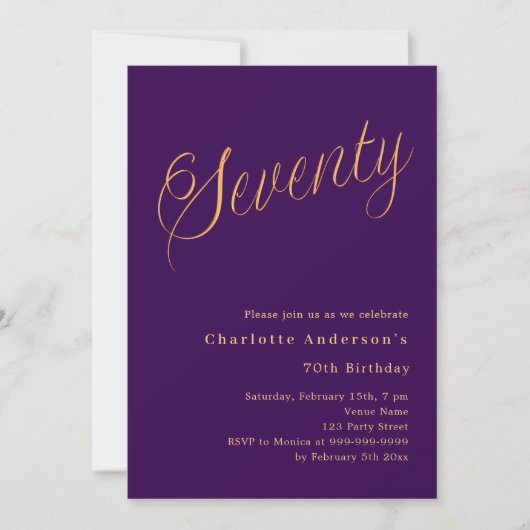 Paarse gouden script 70ste verjaardag kaart (Voorkant)