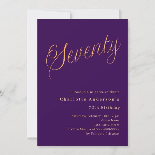 Paarse gouden script 70ste verjaardag kaart (Voorkant)