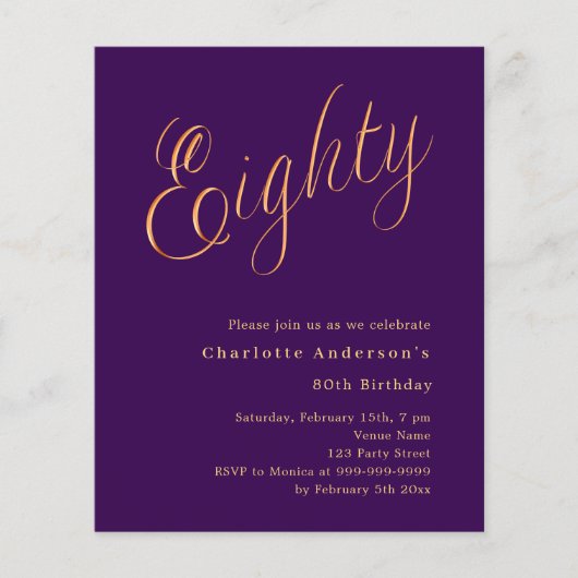 Paarse gouden script 80ste verjaardag uitnodiging (Voorkant)