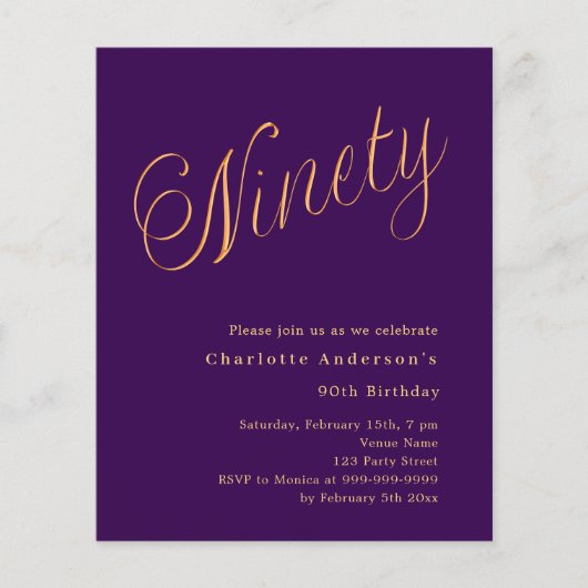 Paarse gouden script 90ste verjaardag uitnodiging (Voorkant)