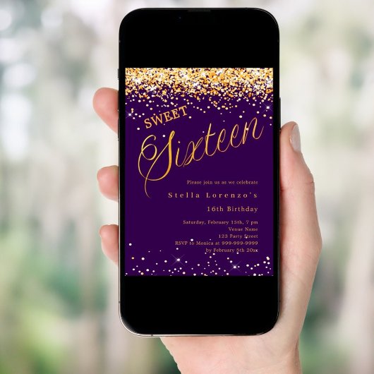 Paarse gouden script elegant Sweet 16 Kaart