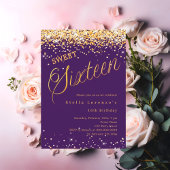 Paarse gouden script elegant Sweet 16 Kaart