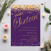 Paarse gouden script elegant Sweet 16 Kaart