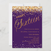Paarse gouden script elegant Sweet 16 Kaart (Voorkant)