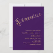 Paarse gouden script elegante Quinceanera Kaart (Voorkant)
