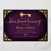  Paarse gouden sleutel housewarming party Folie Uitnodiging (Voorkant)