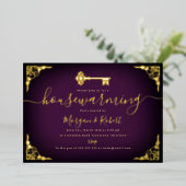  Paarse gouden sleutel housewarming party Folie Uitnodiging (Staand Voorkant)